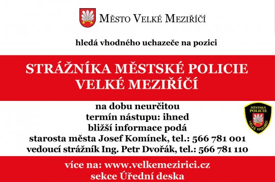 Město Velké Meziříčí hledá nové strážníky městské policie